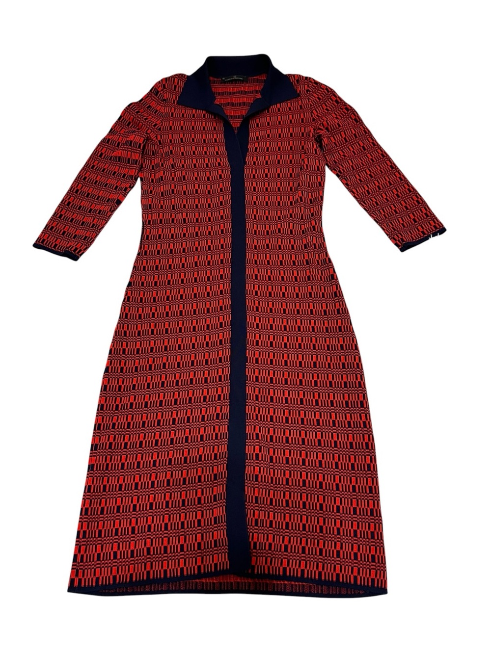 CH Carolina Herrera Red Patterned Knit Long Sleeve Dress Navy Trim Size XS